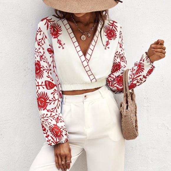 BellanBlue Tops - Boho Floral Red Print Surplice Cropped Top